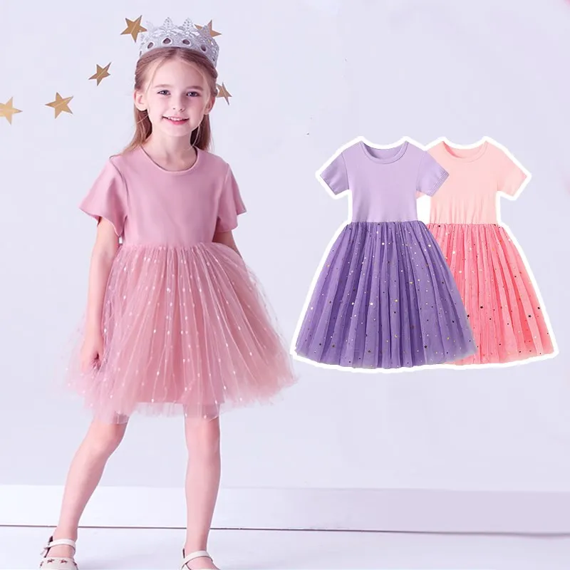 

Платье для девочек, одежда с коротким рукавом, детское Кружевное платье-пачка принцессы, детское Сетчатое платье с блестками, однотонное хл...