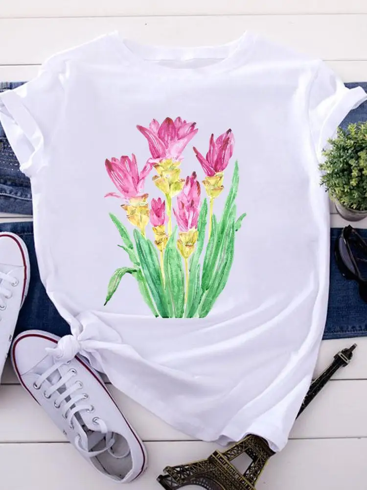 

Women Watercolor New Lovely Flower Short Sleeve Tees Ladies Summer Clothes Tops Female Fashion Cartoon Tshirts Graphic T-Shirt