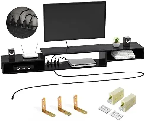 

Настенная Подставка для телевизора, 70 дюймов, плавающая подставка под телевизор, для монтажа на розетку, медиа-консоль, кабель, аудио, видео, черный цвет