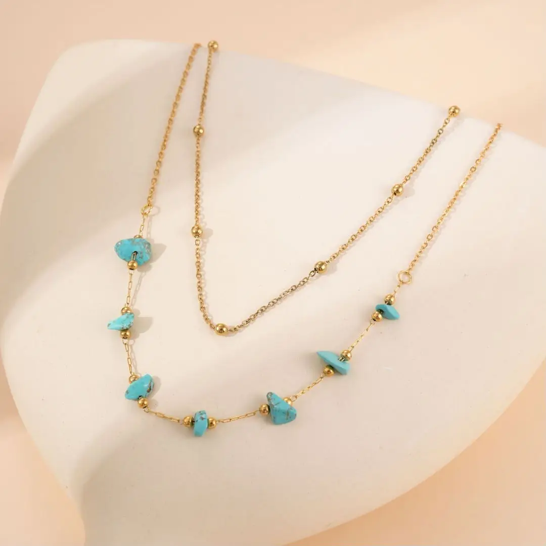 

Stylish Layered Chain Stainless Steel Necklace Personality Turquoise Beaded Necklace Fashion Long Necklace Jewelry Women