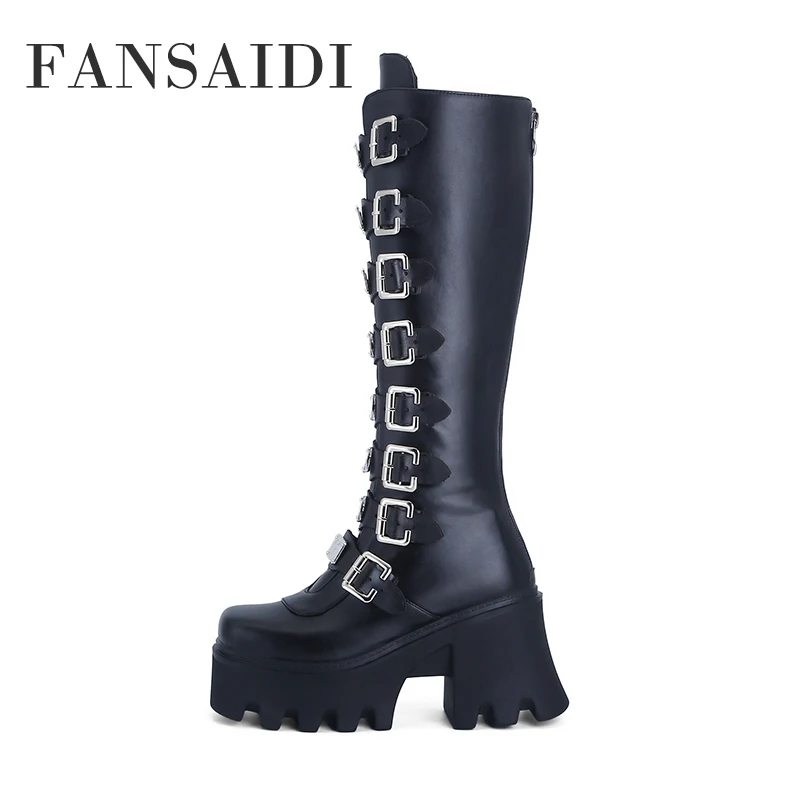 

FANSAIDI Winter Woman Fashion New Sexy Brown Platform Buckle Waterproof Block heels Clear Heels Boots Half Boots 40 41 42 43