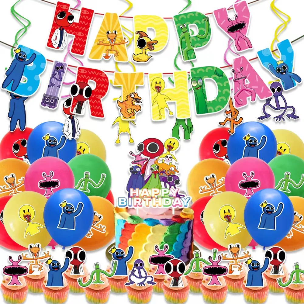 

Rainbow Friends Design Birthday Party Decor Latex Balloon Happy Birthday Banner Cake Topper Supplies Kids Baby Shower Supplies