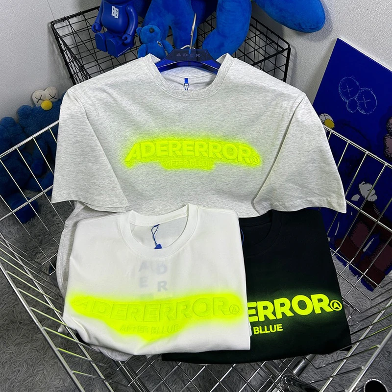 

Black ADERERROR T-Shirt Pure Cotton Fluorescent Letter Logo Embroidery 1:1 High Quality Oversized Short Sleeves