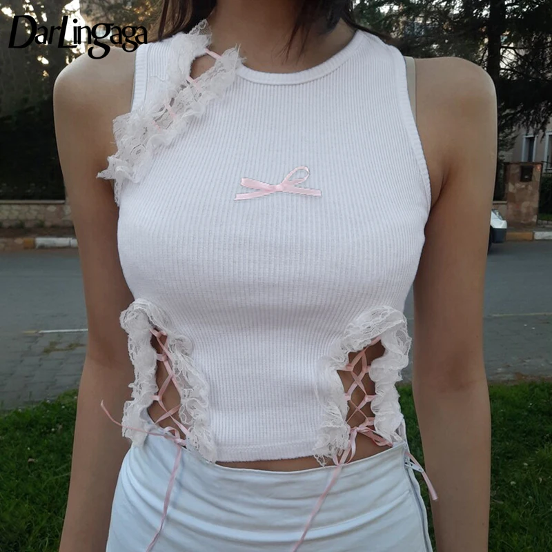 

Darlingaga Cutecore Coquette Bow Summer Tank Top Skinny Korean Vest Short Lace Spliced Crop Tops Lolita Tie Up Kawaii Tee Ruched