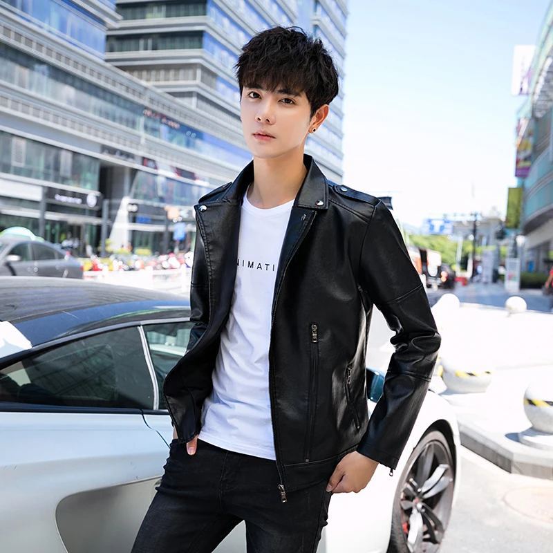 

2022 autumn and winter men's leather jacket new wild youth handsome PU leather jacket Korean slim Side zipper leather jacket