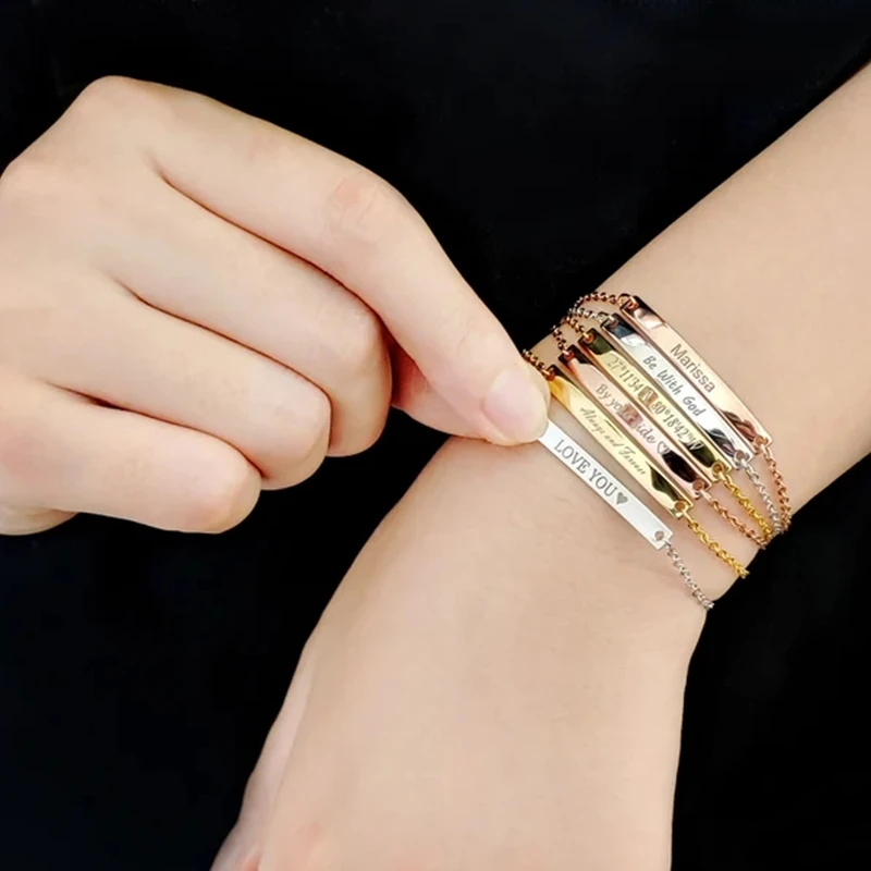 

Elegant Personalized ID Bar Bracelets for Women Thin Stainless Steel Link Chain Custom Name Quotes BFF Bracelet Gift Jewelry
