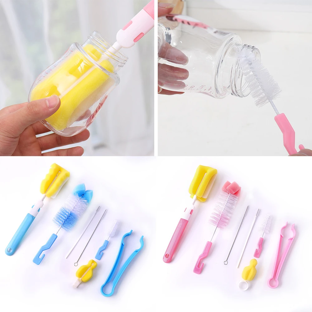 

7Pcs Baby Bottle Brush Set Baby Nipple 360-degree Rotating Clean Sponge Spout Cup Brush Kit Bottle Clean Tool Bottle Glass Brush