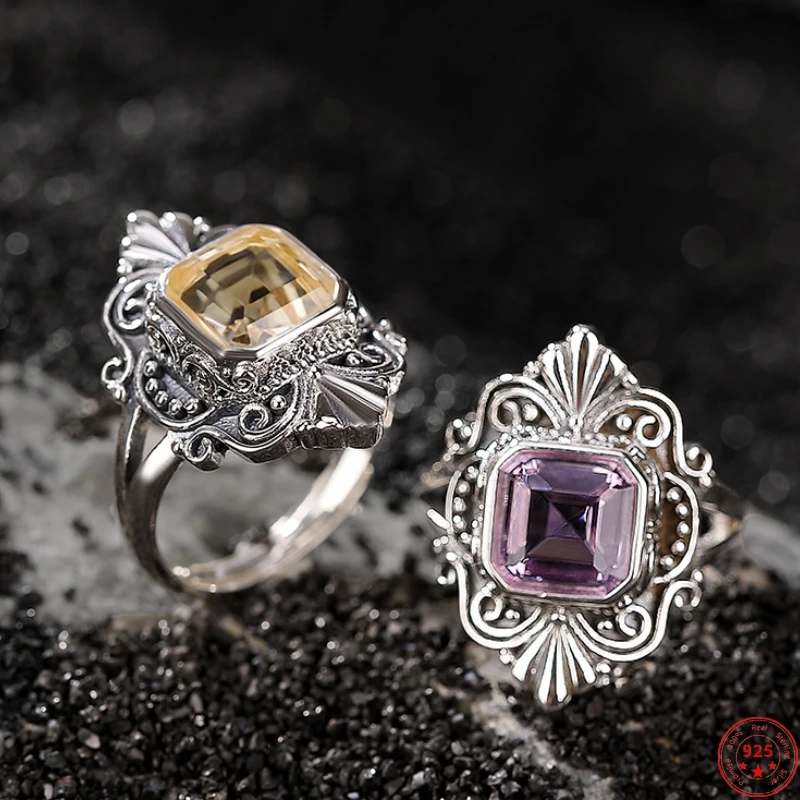 

Genuine S925 Sterling Silver Rings for Women Men New Fashion Rhombus Vintage Pattern Amethyst Yellow Crystals Adjustable Size