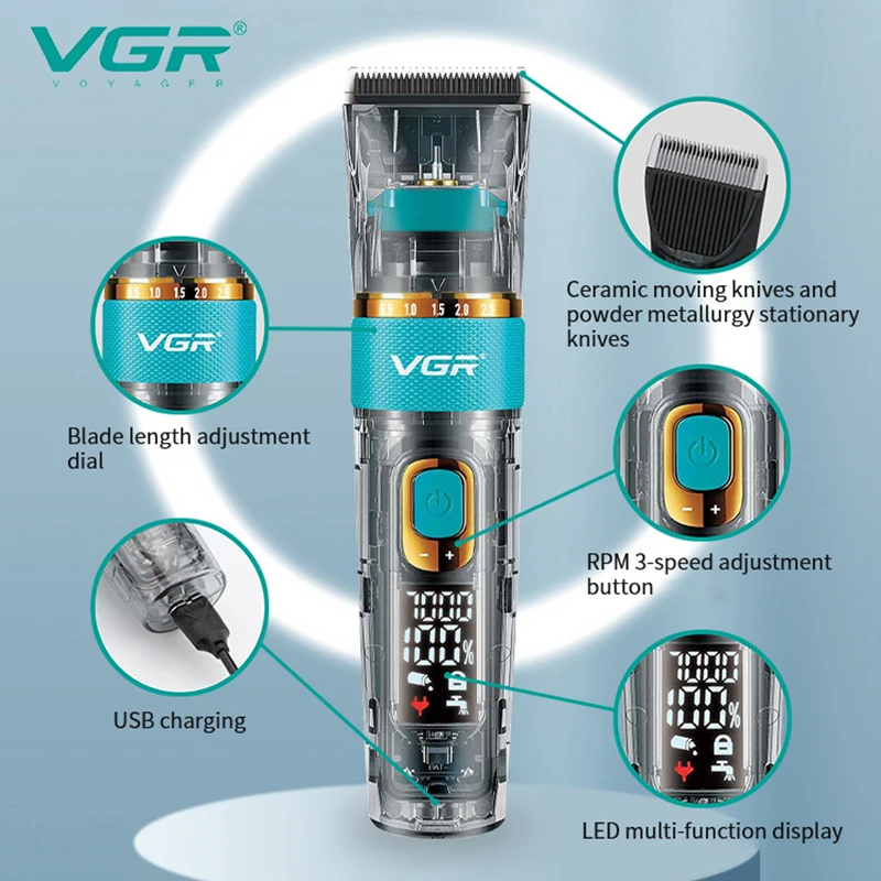 

Newest VGR Transparent Hair Clipper Wireless Rechargeable Electric Hair Trimmer Professional Barber Shaver Hair Cutting Machine