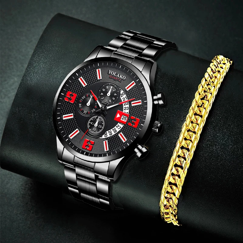 

часы мужские Часы наручные мужские кварцевые, брендовые модные деловые повседневные, из нержавеющей стали, с золотым браслетом и календаре...