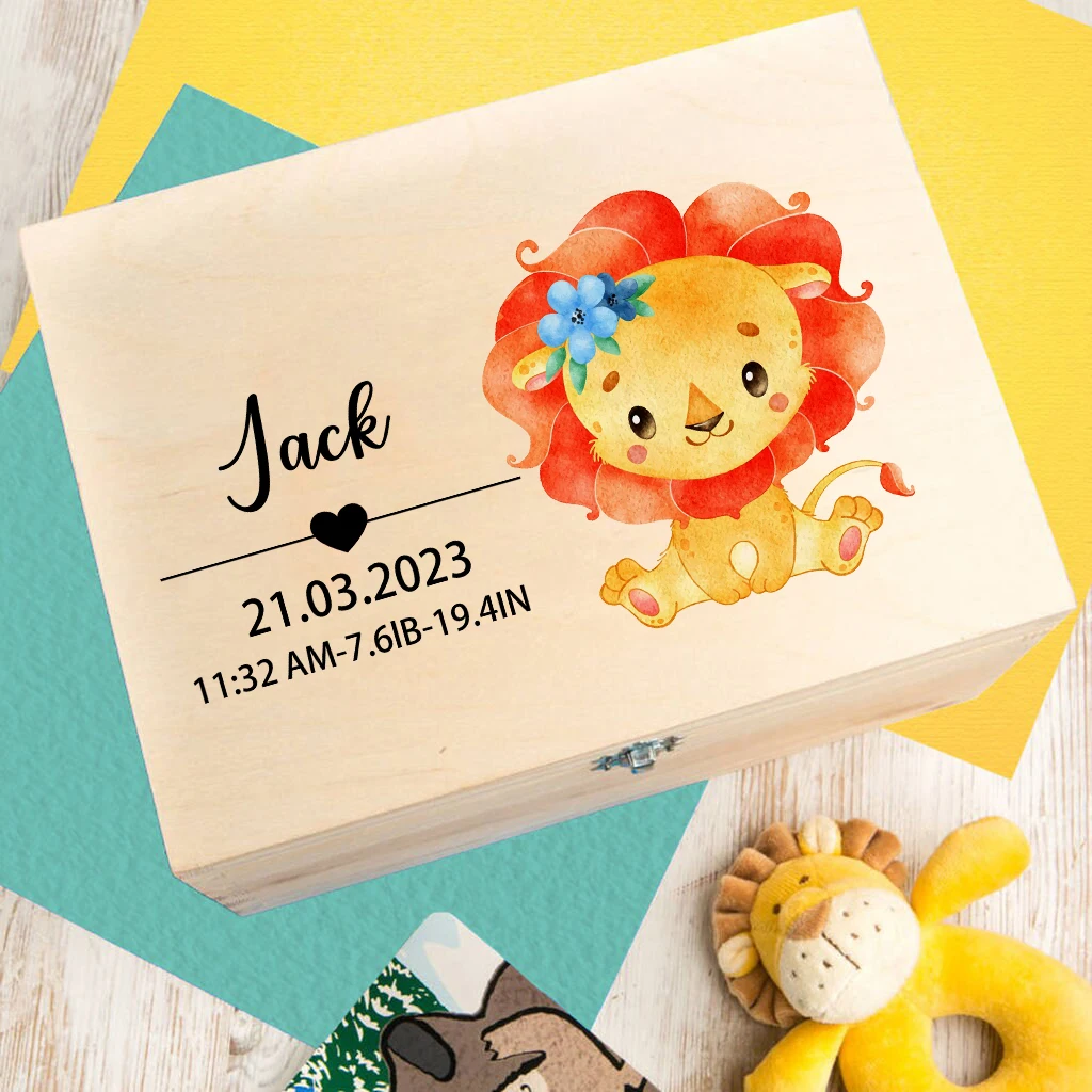 Custom Wooden Baby Box Newborn Baby Gift Personalised Infant Memory Box Cute Animal Print Wood Box Birth Stats Gift New Mom Gift images - 3