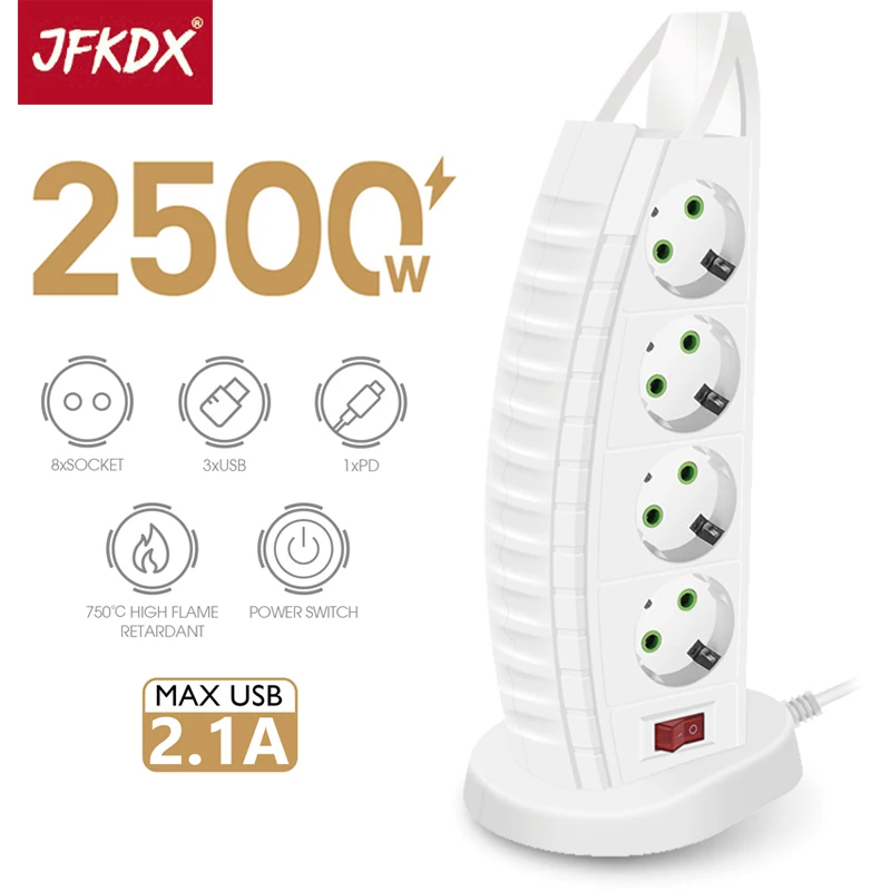 

JFKDX EU Plug 2500W Power Tower Strip 2M Extension Cable 4 Socket With Overload Protection 4 Type C Charge Port Multienchufes