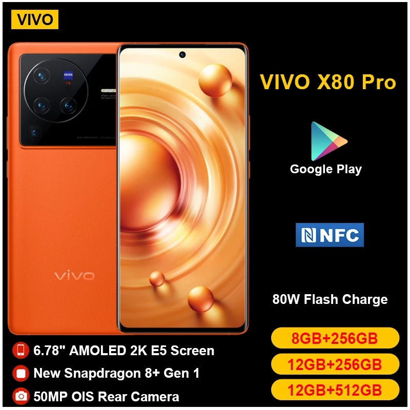 VIVO X80 Pro 5G Mobile Phone Snapdragon 8 Gen 1 6.78‘’ 2K 50W Wireless Charge Smartphone NFC 50MP Cellphone