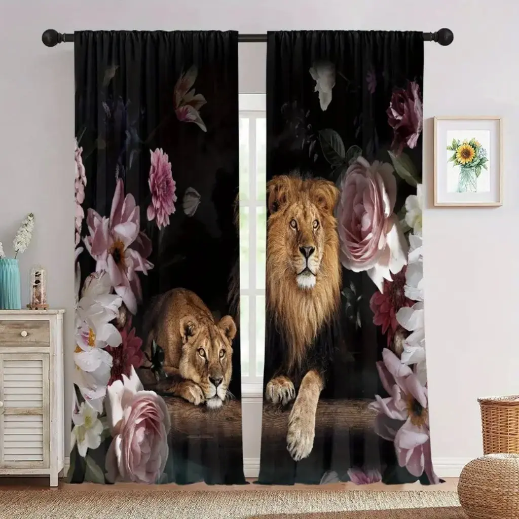 2Pcs King and Queen Lion Crown Red Roses 3D Print Window Curtains for Living Room Bedroom Kitchen Door Hall Home Decor