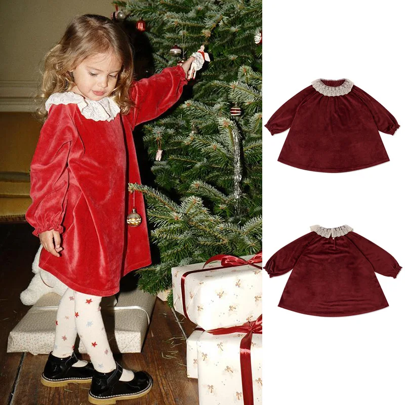 

Princess Dress For Girls Danish Girl Christmas New Year Red Lace Lapel Princess Elegant Velvet Dress