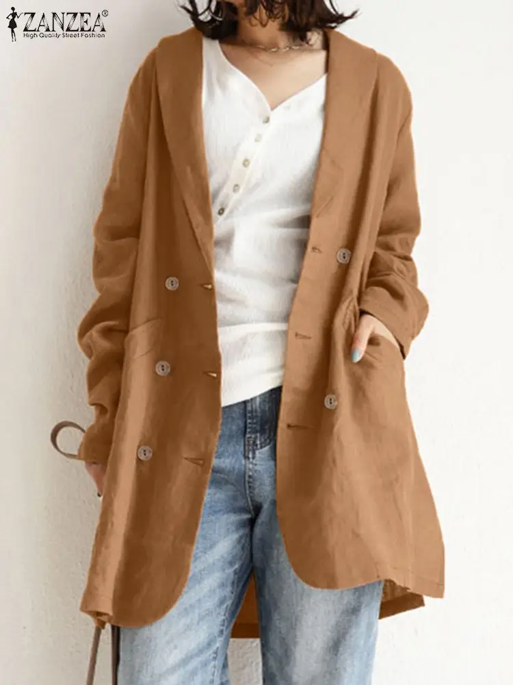 

Vintage Long Sleeve Blazer ZANZEA Autumn Women Cotton Blazer Outwear Female Solid Buttons Jackets Cardigan Casual Thin Coats