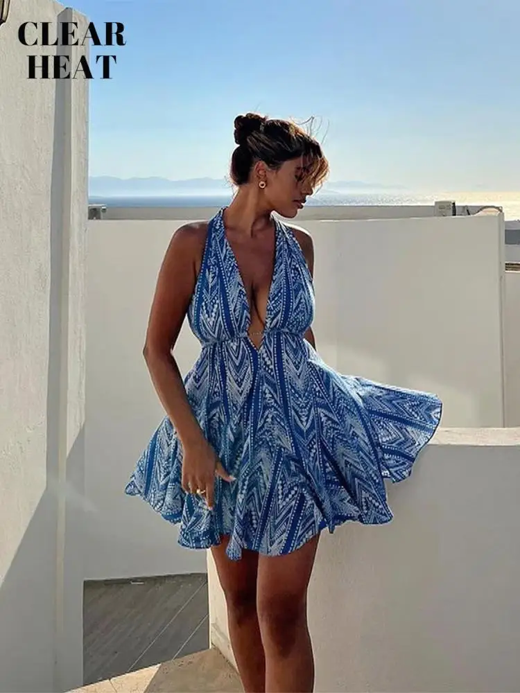 

Women Fashion With Tied Print Halter Mini Dress Vintage Backless Elastic Waist Female Dresses Sexy Streetwear Vestidos Mujer