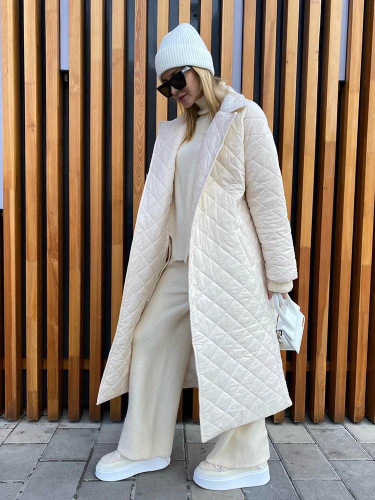 Winter Woman Coat 2022 Long Straight Rhombus Pattern Parkas Green Casual Sashes Windproof Warm Thick Coat Elegant Female Outwear