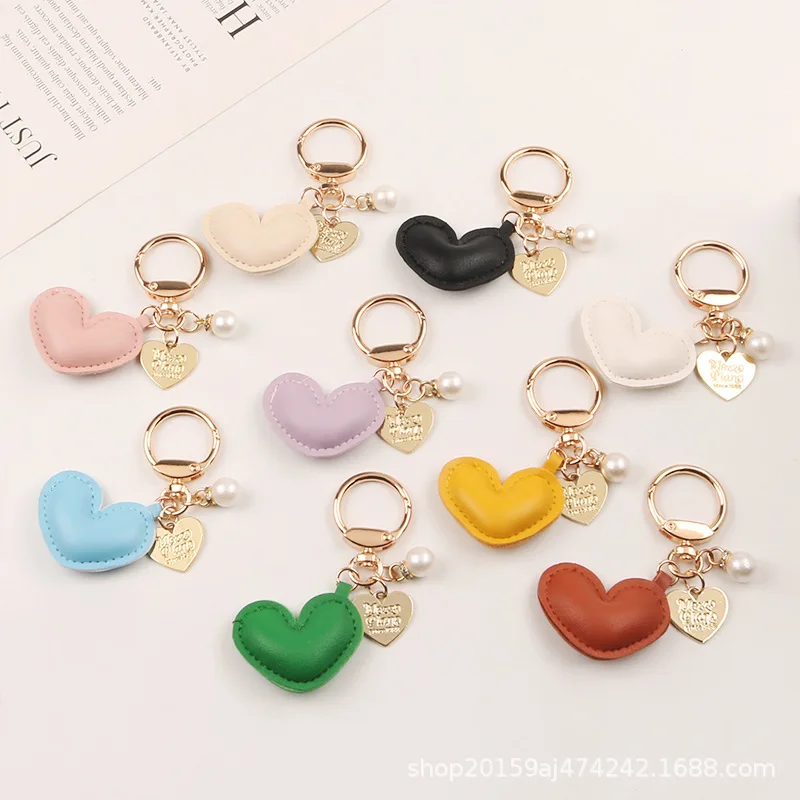 

Multi-color leather love alloy keyring pendant Creative color peach heart Pearl accessories men's and women's backpack pendant s