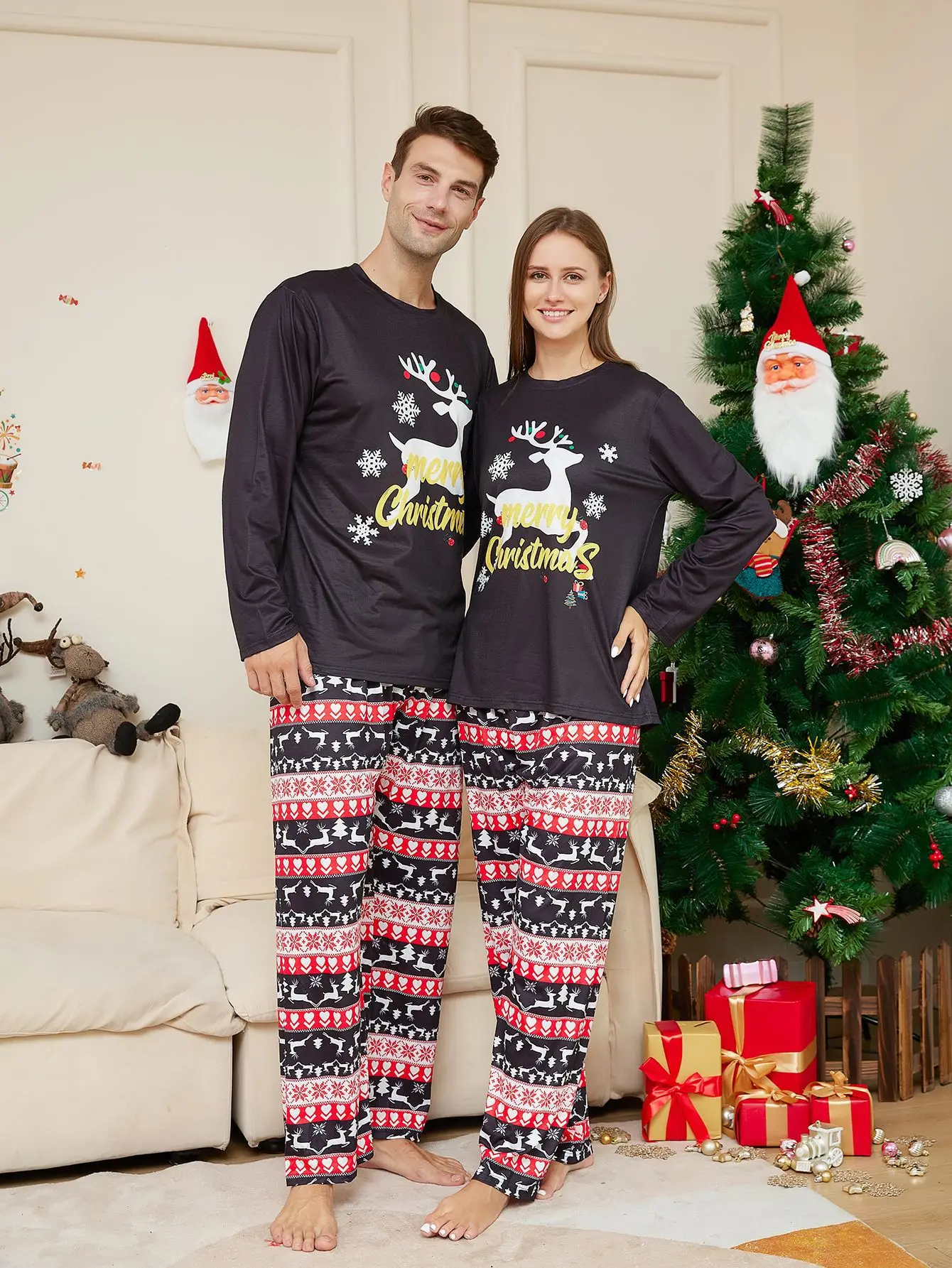 

Deer Print Striped Christmas Pajamas Family Matching Xmas Pjs Set Long Sleeve Mother Kids Child Baby Mommy Daughter Me 2023 New