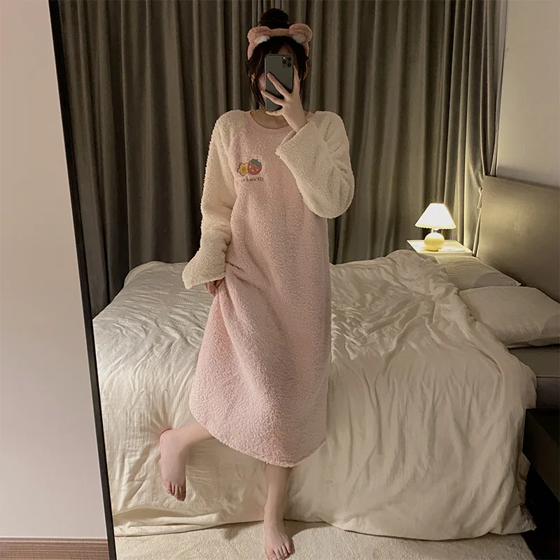 Flannel Pyjamas Autumn Winter Thick Coral Velvet Nightgowns Long Sleeve Sleepwear Female Homewear Women Sleep Dress Warm