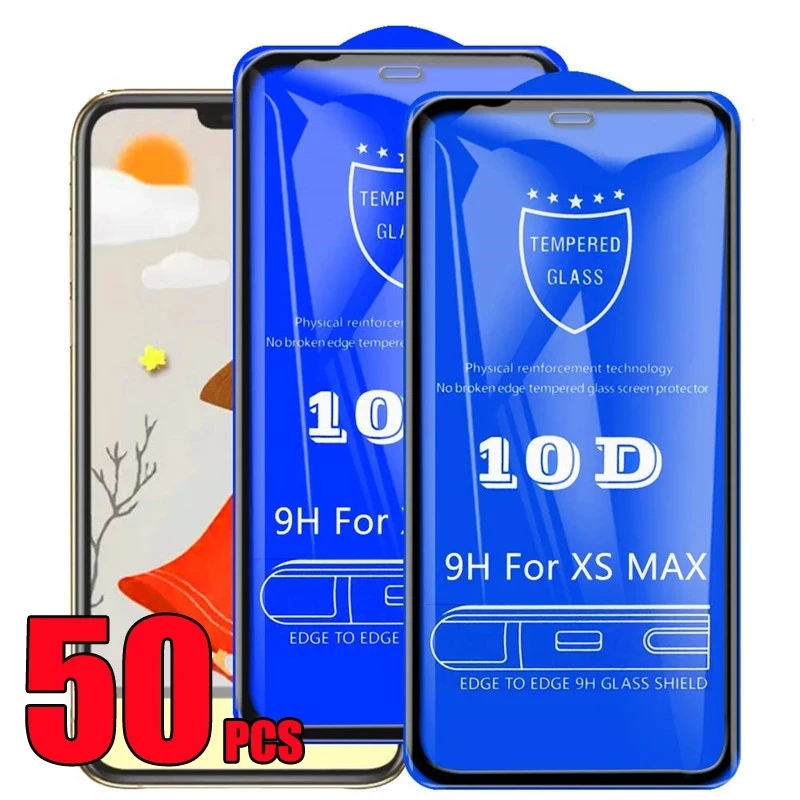 50pcs 10D Tempered Glass Full 9H Premium Screen Protector Film For iPhone 14 Pro Max 13 Mini 12 11 XS XR X 8 7 6 Plus SE