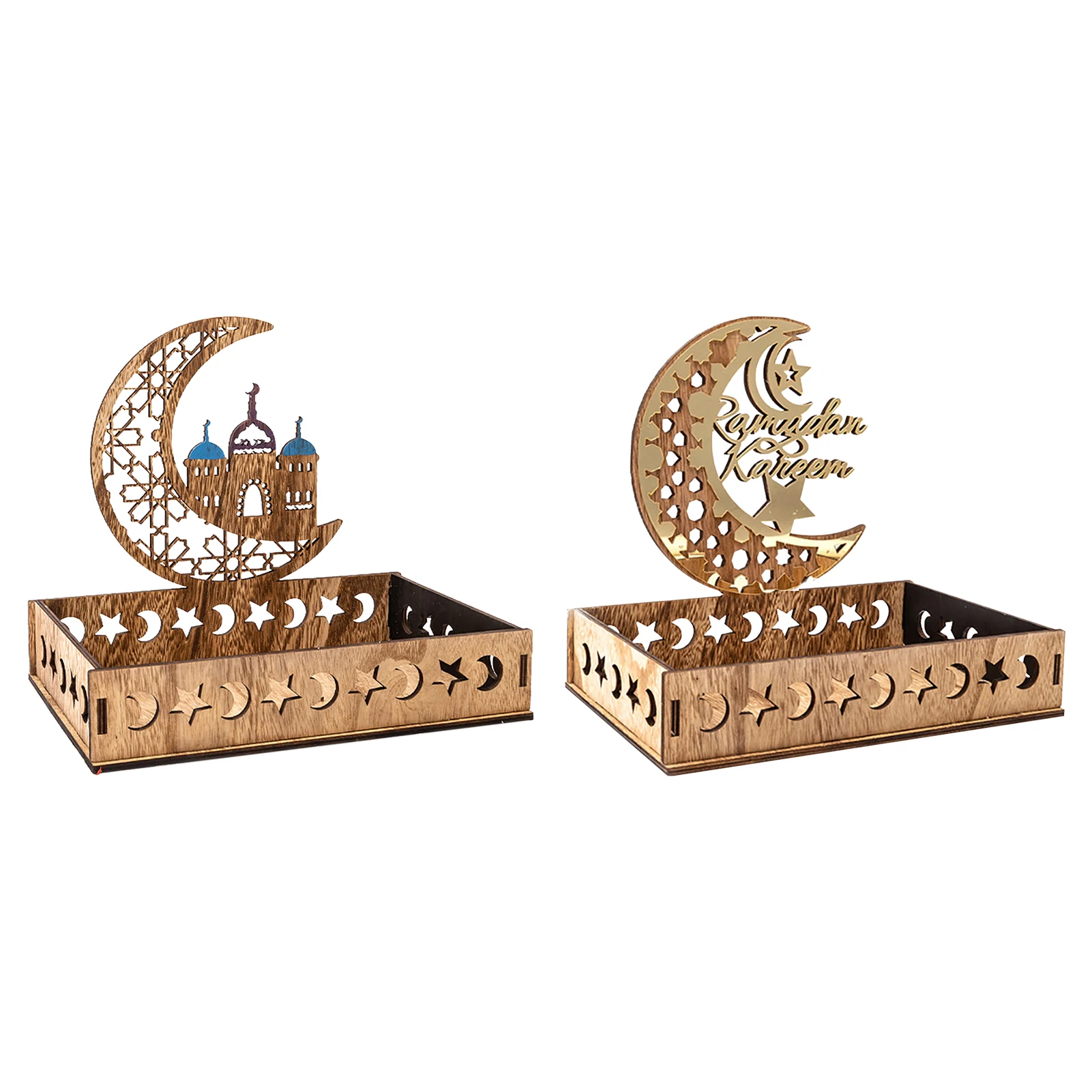 

Eid Mubarak Dessert Tray Wooden Ramadan Serving Trays Pastry Display Holder Table Crescent Tray Decoration Ornament For Islam