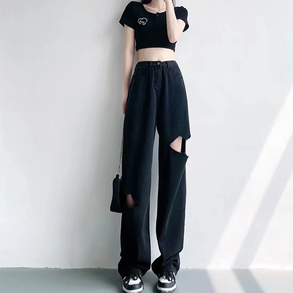 New In Vintage Y2K Ripped Jeans Black High Waist Draping Large Mop Pants Black Wide Leg Ripped Jeans Gothic Pants