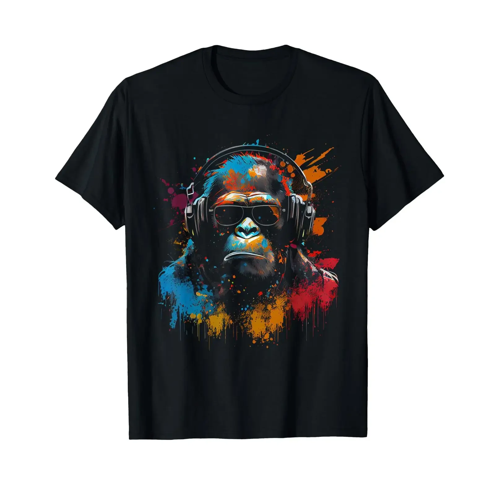 Фото Футболка Lauter Monkey DJ с наушниками и солнцезащитными очками, черная, винтажная, универсальная, дышащая, в стиле стритвир №1