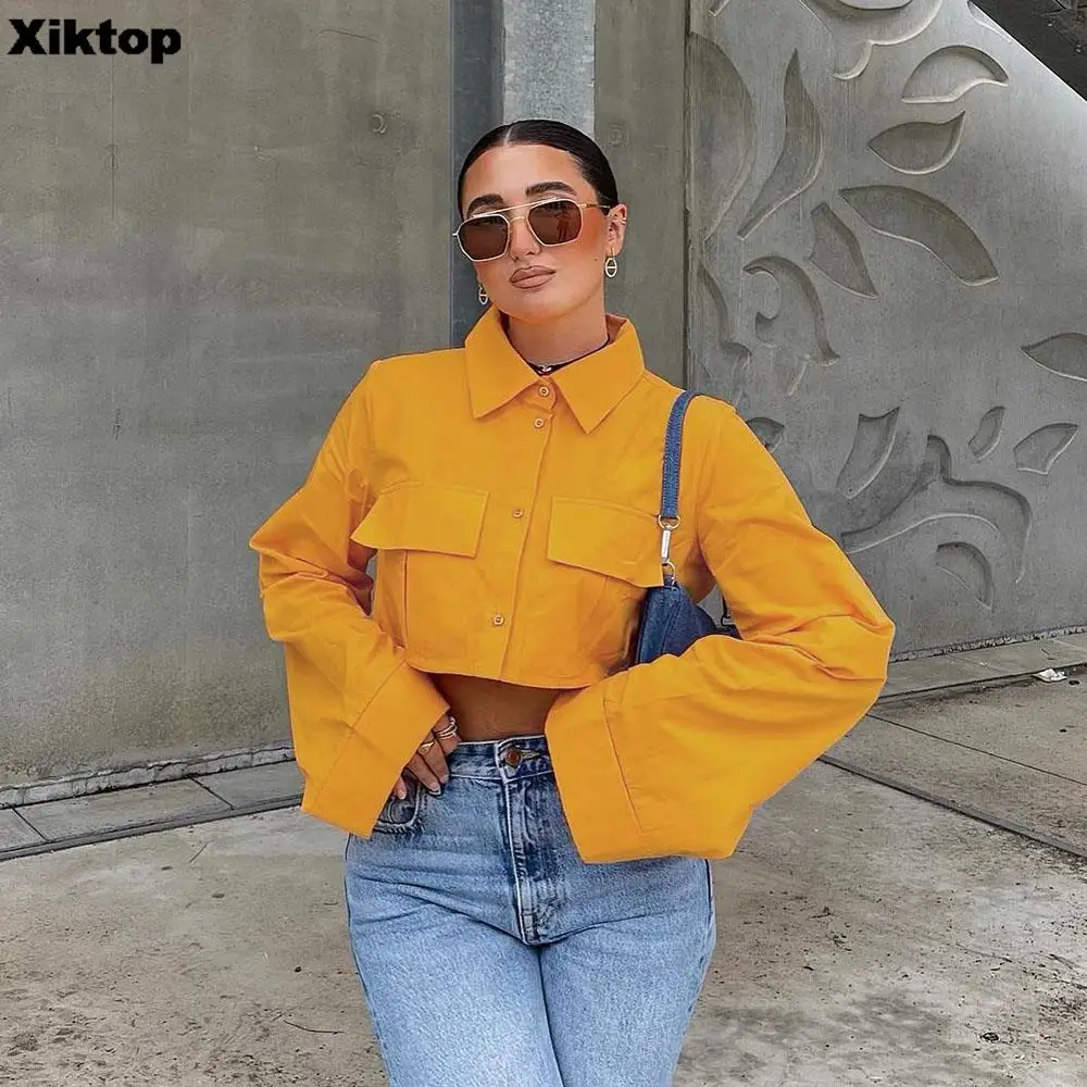 

Женская рубашка с длинным рукавом Xiktop, куртка с отложным воротником и карманами, однобортный короткий топ, Уличная Повседневная стильная од...