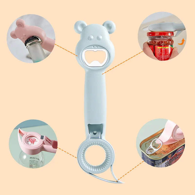 

4 In 1 Bottle Opener Multifunction Jar Can Beer Opener Bear Head Stainless Steel Kitchen Tools Gadget Cute Kitchen Accesories