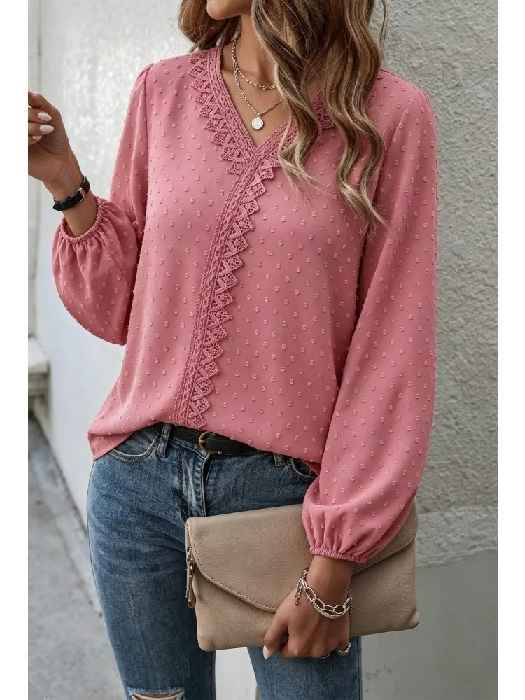 Фото Рубашка-блузка больших размеров 1XL-4XL, модная, элегантная, однотонная, с V-образным вырезом, 3XL 4XL, женская футболка с длинным рукавом, топы. №4