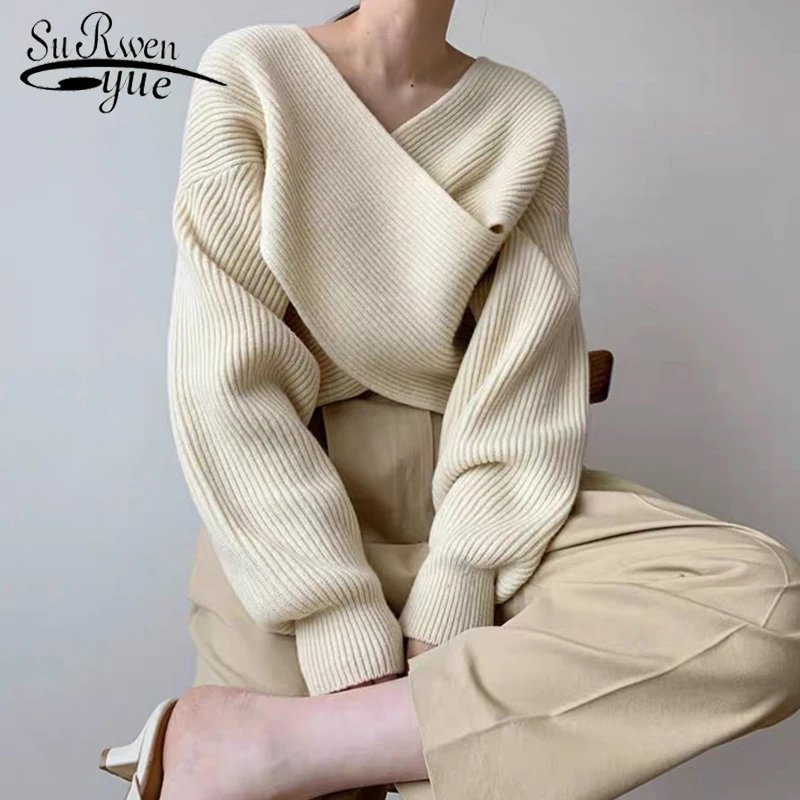

South Korea chic autumn simple and slim V-neck cross design loose and casual fashion versatile sweater female pullover 23065