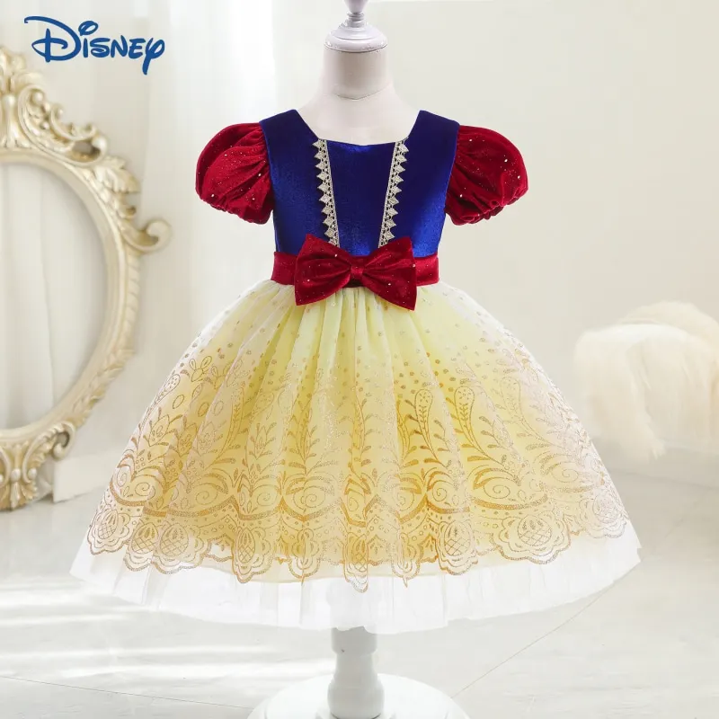 

Disney Princess Snow White Baby Girl Velvet Dress Mesh Tutu Child Short Puff Sleeve Bowknot Vestido Party Baby Clothes 2-12Y