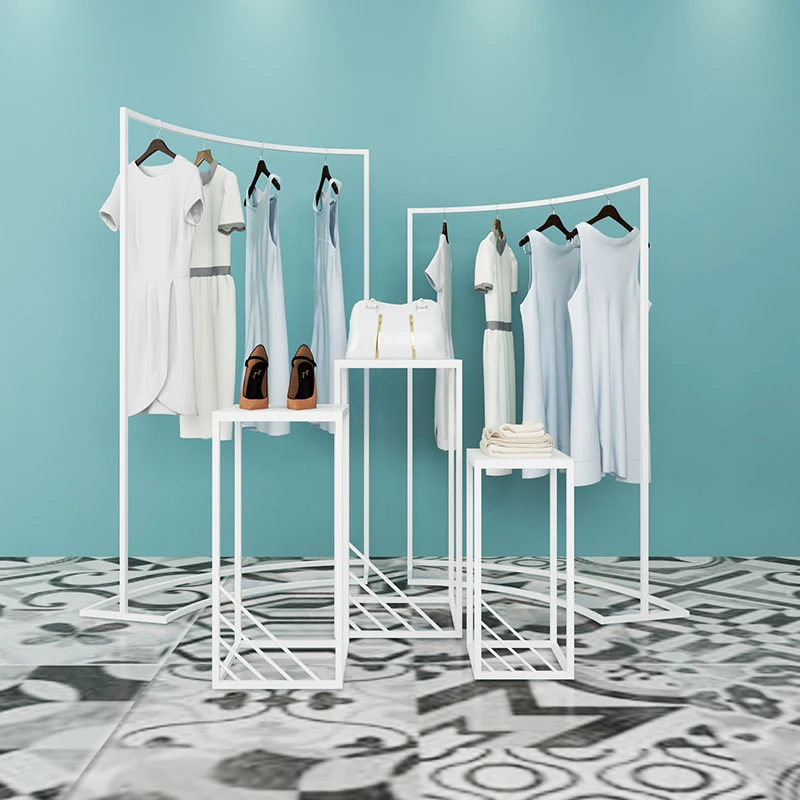 

zq Clothing Store White Display Stand Cabinet Women's Clothing Store Shoes and Hat Rack Horizontal Bar Simple