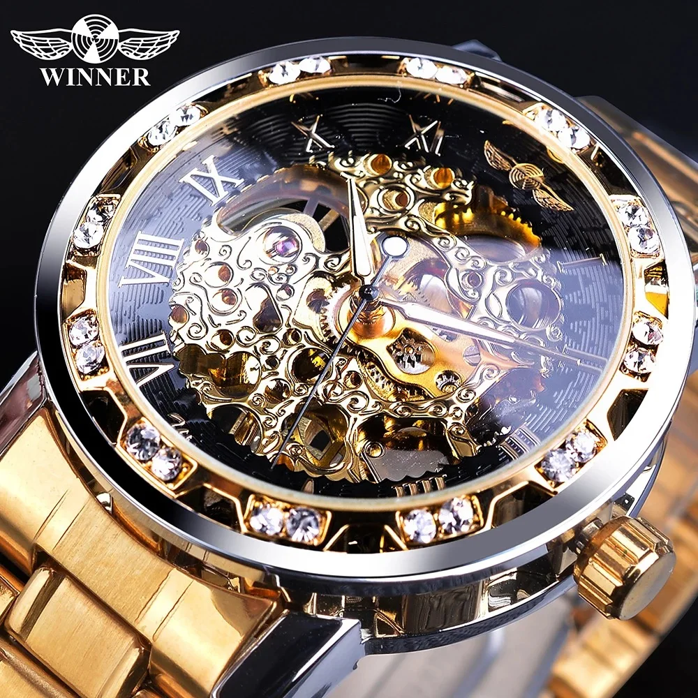 

Roman Numeral Scales Hollow Out Dial CZ-inlaid Bezel Luminous Pointer Steel Strap Automatic Mechanical Watch Mens Wristwatch