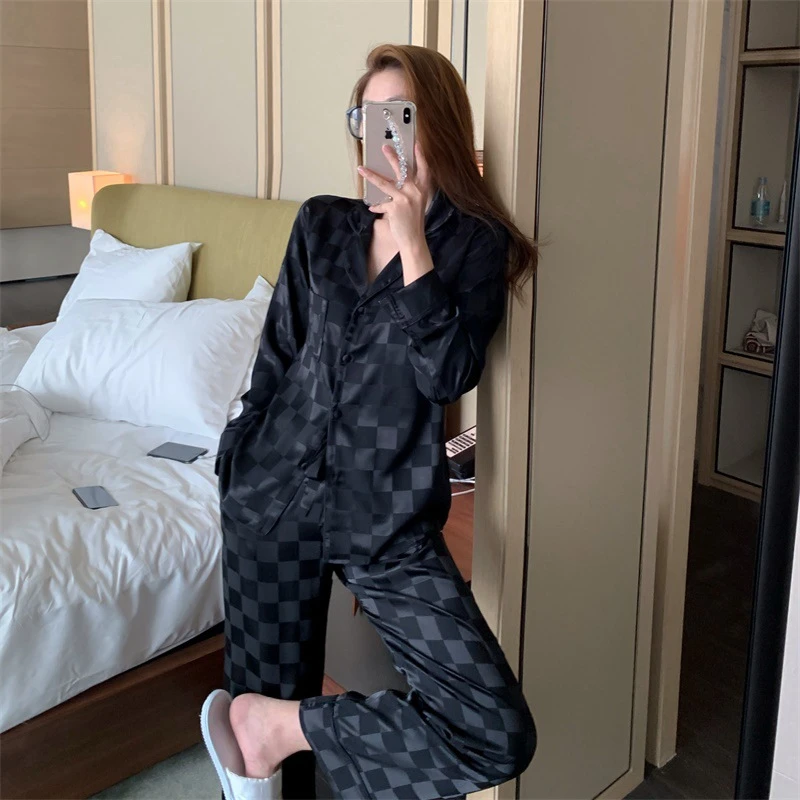 Spring and autumn new plaid jacquard ice silk pajamas women's trousers long-sleeved two-piece home service