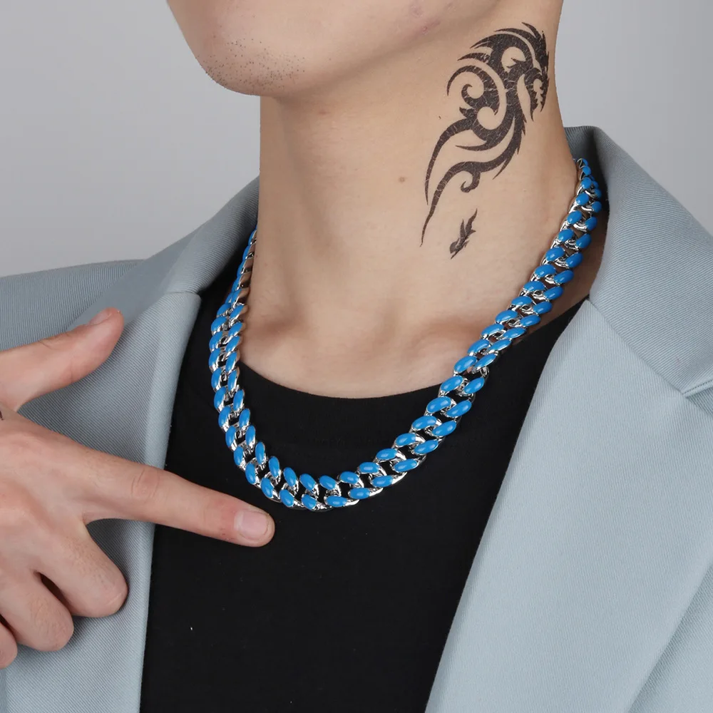 

Luxury Men Women 13MM Hip Hop Cuban Link Chain Necklace Bracelet Blue Color Dripping Oil Ice Choker Rock Rap Fashion Jewelry