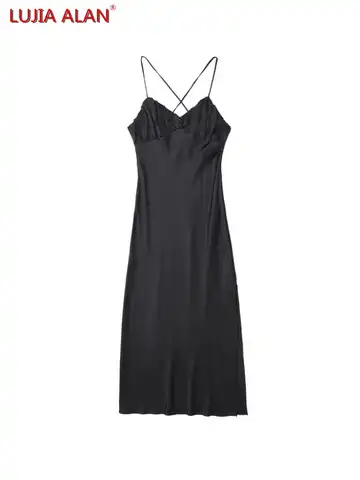 Женское черное атласное платье средней длины на бретельках с Боковым Разрезом, летняя женская уличная одежда без рукавов, Vestidos LUJIA ALAN WD681