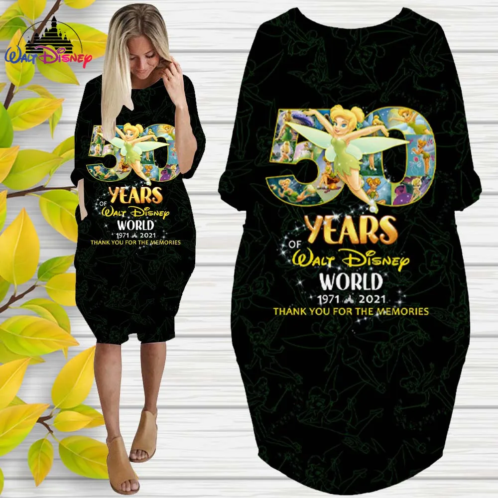 

Tinker Bell Disney's 50th Anniver 3D High Quality Printing Girl Trend Wild Loose Long Sleeve Over The Knee Dress Womens