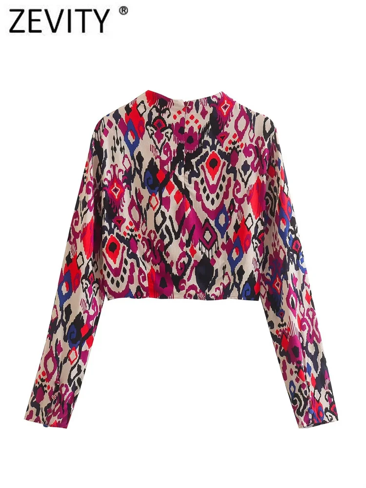 

Zevity 2023 Women FashionGeometric Totem Floral Print Short Blouse Female Back Zipper Shirts Blusas Chic Summer Crop Tops LS3437