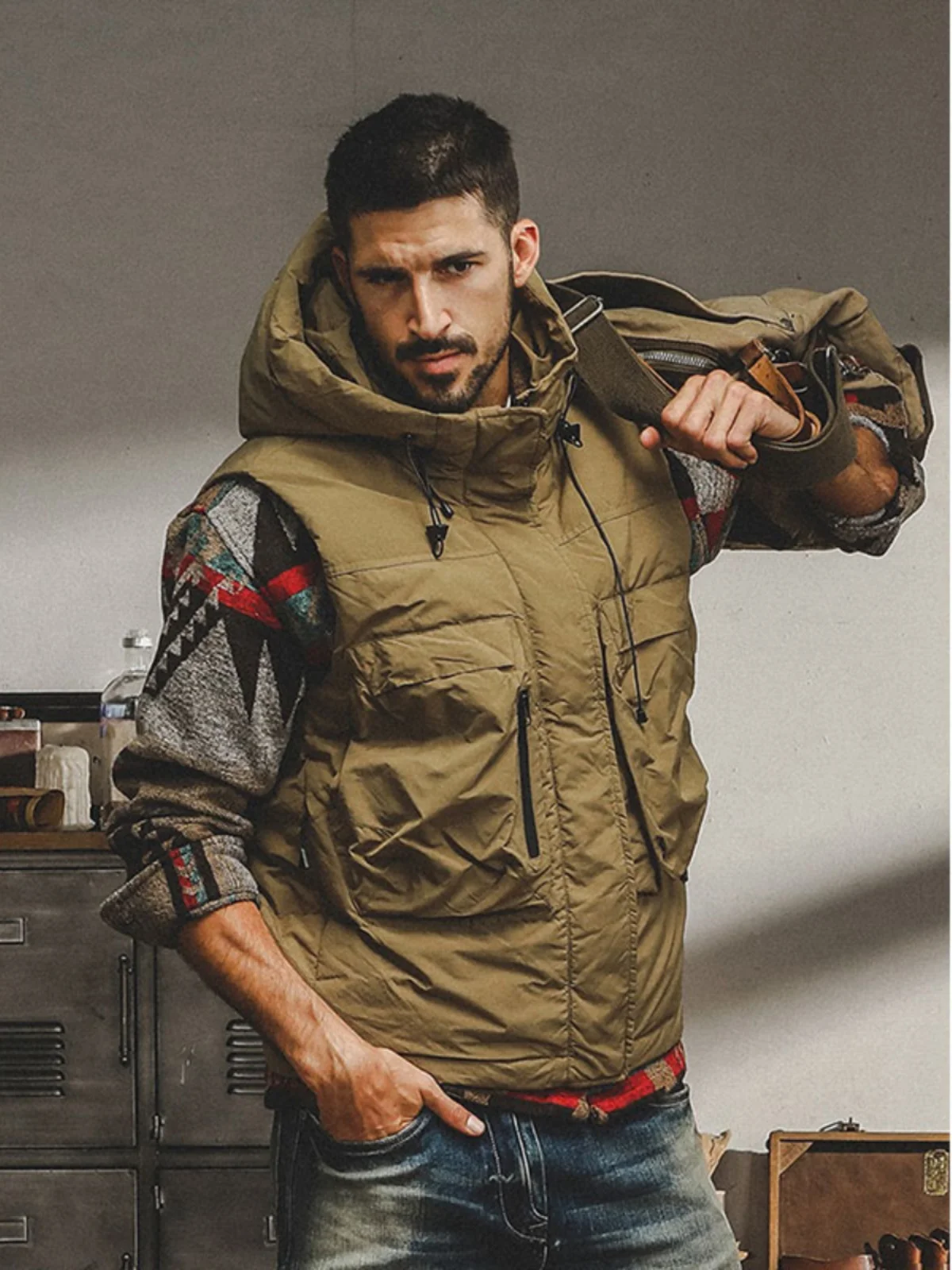 American Outdoor Cargo Vest Men's Amekaji Quilted Outer Wear Cotton-Padded Clothes Thickened Hood Cotton-padded ...