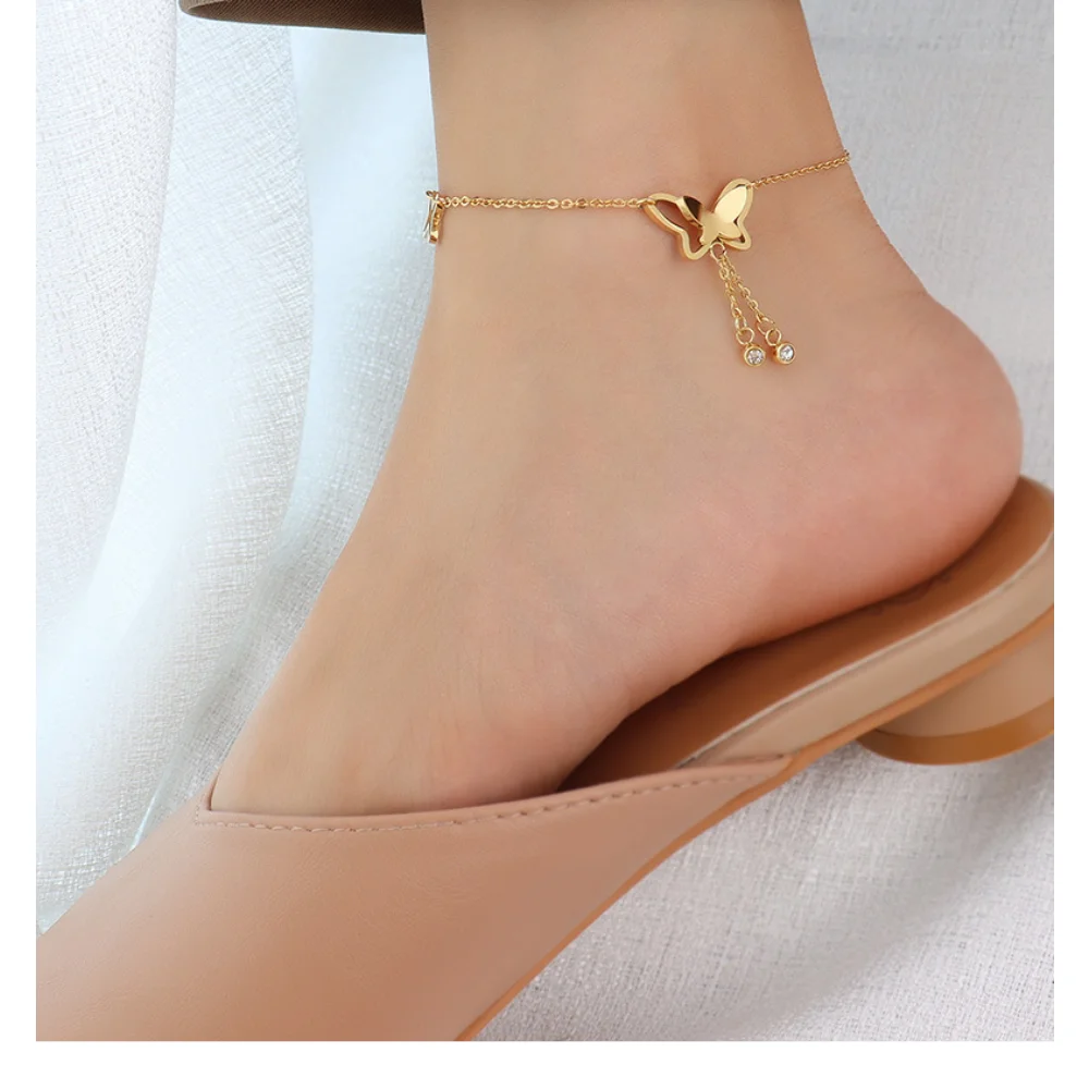 New Titanium Steel Ankle Bracelet Butterfly Tassel Sexy Simple Rose Gold Feet Chain Fashion Jewelry