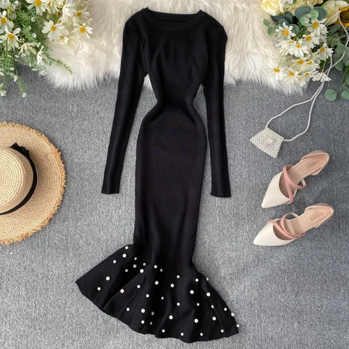 

New Autumn Winter Women Dress Solid Knitted O-neck High Waist Female Fashion Long Sleeve Irregular Ruffles Beading Mermaid Dress