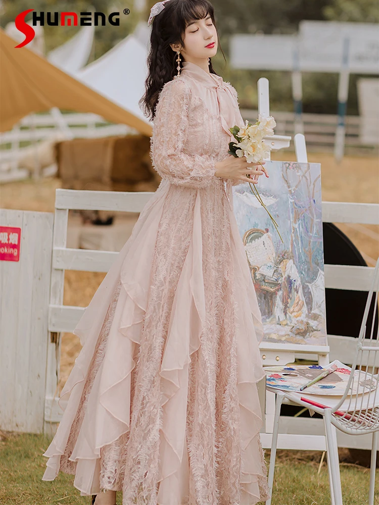 

Sweet Pink Robe Princess Midi Dress 2022 Spring New Gentle Fairy Tassel Half-high Collar High Waist Long Sleeve Dresses Femme
