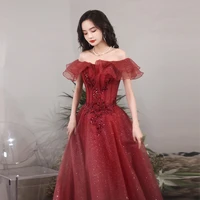 classic red off shoulder womens evening dresses fashion beading sequins prom dress gown elegant a line party vestidos de noche