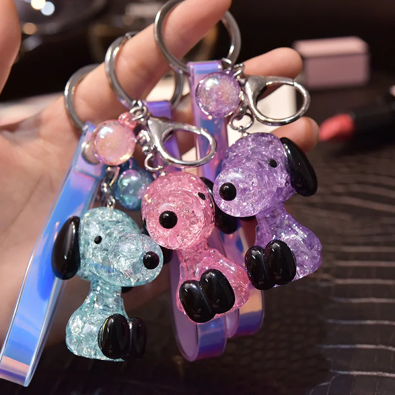 

Snoopy Crystal Keychain Kawaii Ice Cracked Keychain Puppy Magic Leather Rope Pendant Female Cute Car Keychain Bag Pendant