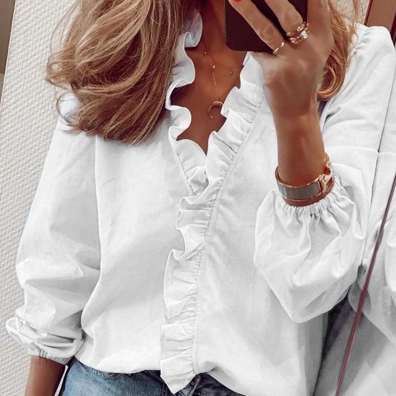 Elegant White Ruffle Blouse Shirts Women Autumn Spring Long Sleeve V-Neck Pullover Tops Office Lady Casual