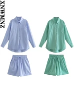 xnwmnz 2022 women fashion striped pocket shirt or elastic waist drawstring high waist casual shorts female chic suit