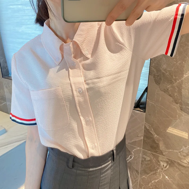 

Wang Xinling's High-end Version TB Short-sleeved Blouse European Stand Professional Cuff Webbing Half-sleeved White Shirt